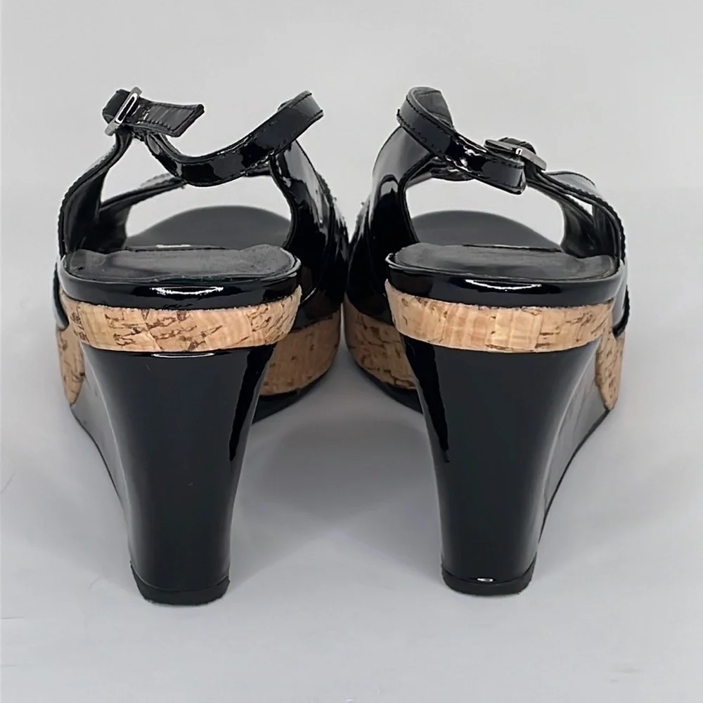 VAN ELI Wedge Heel Sandals Sling Back Open Toe Black Patent Leather Cork 9.5